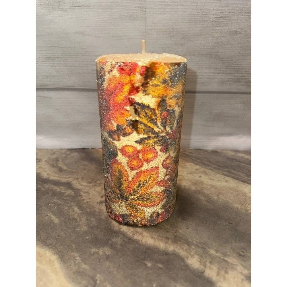 SUGAR FROSTED wax pillar‎ Candle Autumn Leaves